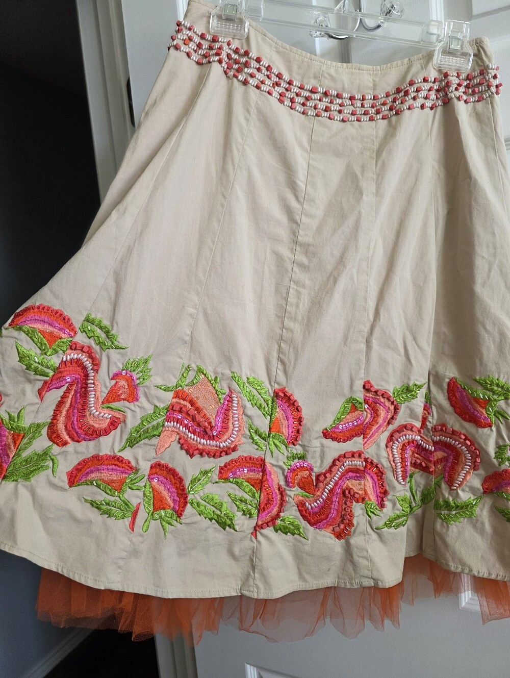 Basil & Maude Beaded Embroidered Midi Skirt Tan Orange Tulle Trim Boho Size 6